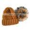 Myfur Caramel Wool Winter Knit Hat with Raccoon Fur Pom Poms