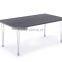 Wooden top dining table with 4 seaters in fabric cushion and chromed steel leg