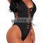 Women V Neck Lace up Bathing Suit High Cut One Piece Swimsuit Monokini
