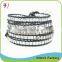 Light Blue Bead Beige Leather Handmade Wrap Bracelet