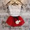 Latest Fashion Girls' Clothing Set White Lace Top and Pleated Chiffon Skirt with Ribbon Bow-knot
