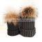 Myfur Dark Gray Wool Knitting Hat Couple Cap With Raccoon Fur Pompom
