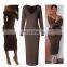 Wholesale Fashion Women rib fabric Deep V neck long sleeve maxi casual lady dresses