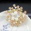 Elegant Big White Ball Pearl Flower Clear Crystal Micro Pave Setting Snowflake Costume Brooch Pins For Lady