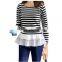 Autumn latest design round neck ivory long sleeve chiffon stitching knitting striped printing t shirt design