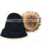 Myfur Navy High Quality Cheap Wool Knit Cap and Hat with Real Raccoon Fur Pompom