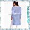 2016 Latest Custom Designer Blue Stripe Long Open Hem Womens Three Quarters Sleeve Round Neck T Shirts