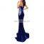2017 NEW IN Lace Velvet Floor Length Deep Neck Strap Waist Band Navy Evening Dress