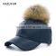 Leather Fur Ball Baseball Cap - pompom PU winter men/women hat KZ160073