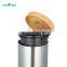 Bamboo Lid Trash Bin and Toilet Brush Set  Round Shape Pedal Soft Close Silver Stainless Steel