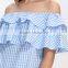 Off Shoulder Design Woman Summer Fashion Striped Blue Short Falbala Dress