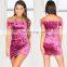Mini Style Off Shoulder Short Sleeve Dress in Berry Crushed Velvet