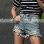 Cheap wholesale women High waist worn holes shorts light blue fashion high waist denim shorts