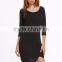 Black Asymmetric Hem Zipper Back Sheath Dress 3/4 Sleeve Cotton Spandex Casual Plain Tee Dress