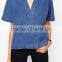 denim double-breasted women blouse short sleeves women blouse OEM service