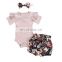 Pure color summer sets pit striped short-sleeved shirt waist protection denim shorts three-piece baby girl suit