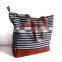 Navy Stripe Stylish Denim Bag Denim Tote Bag With Leather Trim
