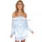 Long sleeves off shoulder design white fashion womens flowy dresses with blue tone print
