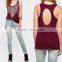 Cotton Tank Top backless hollow printed floral wine red Sold By PC