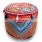 Round Patchwork Embroidered Multi Ottoman Pouf Bohemian Indian Decorative Ottoman Pouf Cover