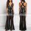 Latest Sexy Slit Black Mesh Net Slit Maxi Gown Dress With Cross Back Designs HSd5113