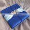 2016 Hot sale charming blue silk hardcover wedding invitations with light blue ribbons&rhinestone brooches