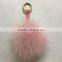 Cute Genuine Leather Fox fur pom pom keychain for car key ring Bag Pendant Light Pink