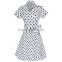 2016 Summer Fashion Women Bow Front Midi Dresses Ladies Casual Lapel Collar Short Sleeve Tunic Cotton Polka Dot Dress