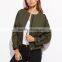 Women olive green collarless zip up drawstring jacket