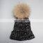 Adult size black striped pattern knitting hat with real raccoon fur bobble