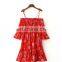 Red Printed Trapeze Off Shoulder Evening Vintage Dress