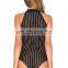 MiKa72167 Fashion Women Clothes Black Striped Ribbed Knit Halter Bodysuit for Summer