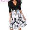 2017 Autumn Women's V Neck A-Line Office Dress Fashion Half Sleeve Vintage Print Dress
