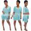 Wholesale 2 piece plain v neckBat sleeve split tshirt and shorts set for women