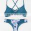 Women Halter Swimwear Crisscross Back Swimsuits Seamless Padded Bikini Swimsuit