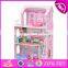 New design 13 pieces of furniture 3 floor pretend play pink wooden cottage dollhouse for children W06A230