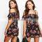 Ruffled Rompers Dark Floral Print Off The Shoulder Playsuit Womens Sexy Onesie Jumpsuit