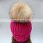 Rose color top grade winter acrylic beanies with large natural fur ball