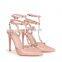 Ladies fancy multi buckle strap design high heels nude patent gladiator style studded court heel shoes