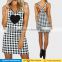 Sweet women square neck lace up strappy backless zipper sleeveless plaid summer mini dresses patterns with heart print