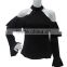 2017 fashion cut-out shoulders black ruffled ladies top