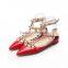 Celebrity Flats red patent lambskin leather pointy toe spike fully studed ankle straps newest lady flat shoes