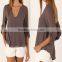 Grey Long Sleeve Chiffon Blouse Shirt Fall Deep V Neck Buttoned Back High Low Asymmetric Loose Casual 2016 Women Top 4 Colors