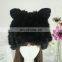 Black 100% acrylic handmade winter lady knitted beanies with rabbit fur