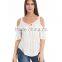 Women Fashion Plain Dyed Cotton Cold Shoulder Peasent Top White Tops White Blouse Short Sleeve