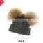 Stylish Kids Double Balls Winter Warm Wholesale Beanie Hats With Raccoon Fur Ball
