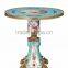 European Character Design Porcelain With Brass Hexagon Center Table, Floral Painting Small Side Table Inlaid Ceramic Desktop