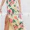 Guangzhou Clothing OEM Floral V Neck Thigh Split Rayon Plunge Strap Back Dress