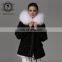 Fashion Women Black Jacket With Raccoon Collar And White Fox Fur Coat