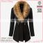 high fashion slim fit England Style high quality office wear fur collar design black woolen coat woman